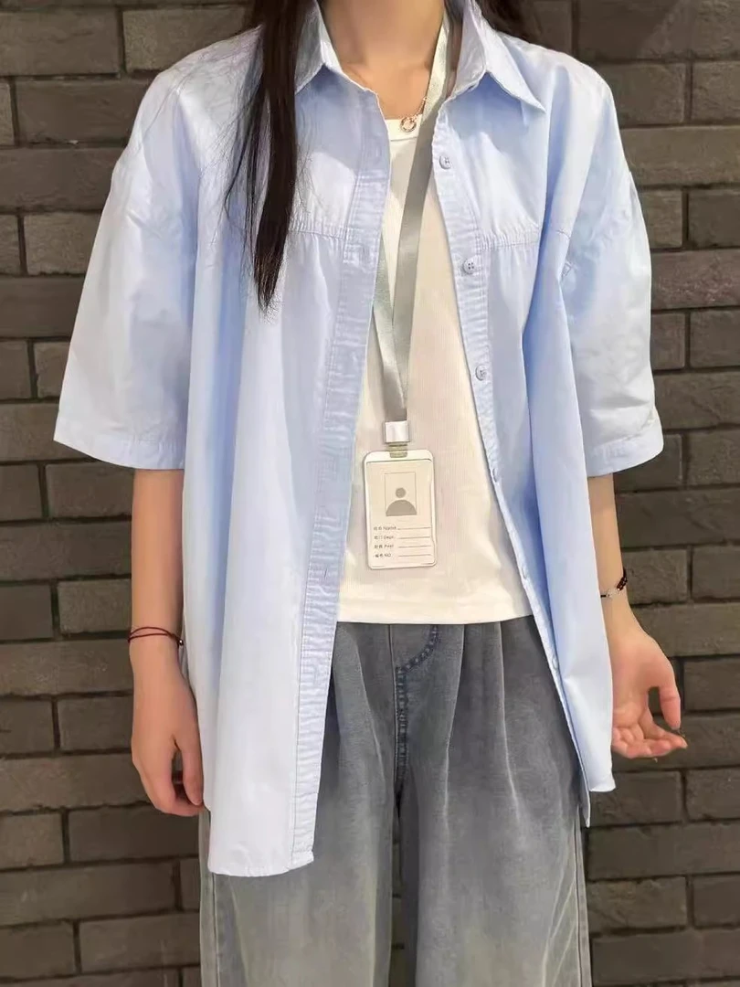 韩版简约防紫外线蓝色纯棉衬衫女小个子叠穿宽松遮肉显瘦衬衣外穿