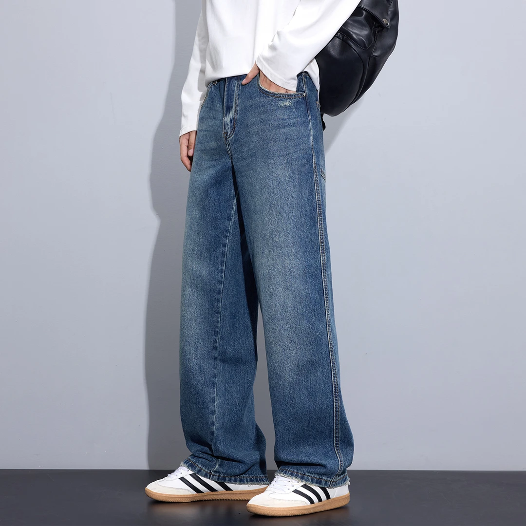 Kuvine2025秋季新款水洗刮烂牛仔裤男款美式高街宽松直筒阔腿长裤