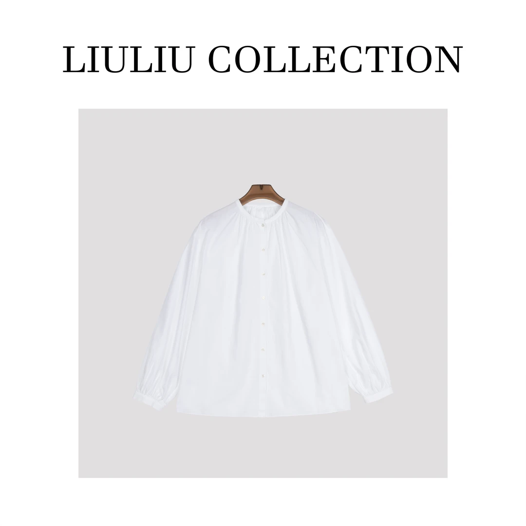 轻薄高支竹节纱纯棉，手工捏碎褶圆领泡泡袖长袖宽松白衬衫女E35