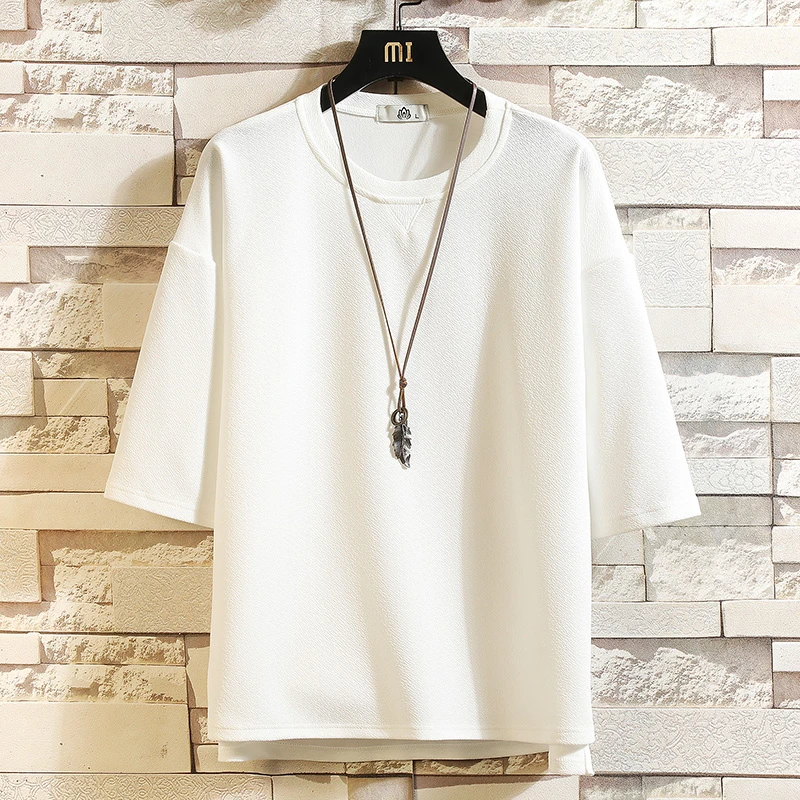 夏季纯色七分袖t恤衫男大码胖子休闲短袖体恤学生宽松运动上衣服