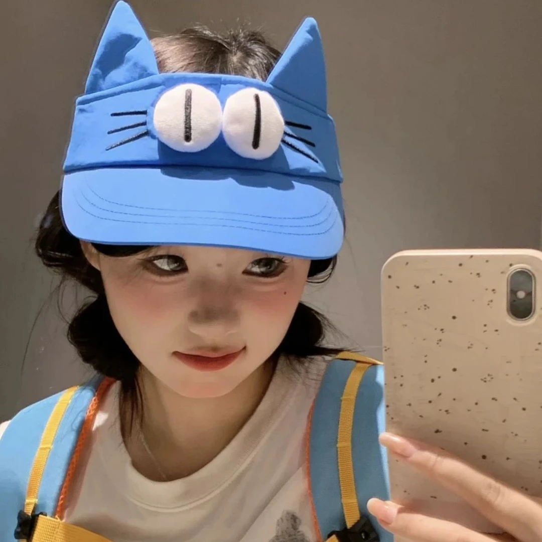 可爱大眼萌猫蓝色空顶遮阳帽女夏季卡通耳朵防晒显脸小太阳帽子潮