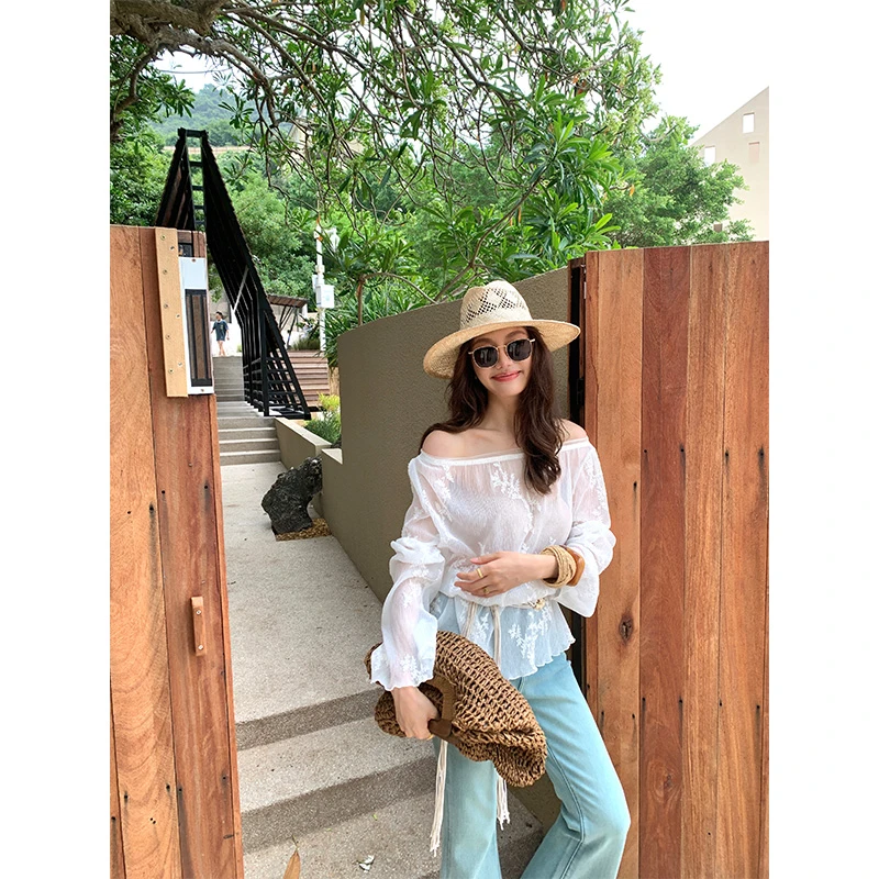 【ALONE SAVOR】龍喜儿 月光裁 优雅一字领纱网轻薄透气小衫Z214