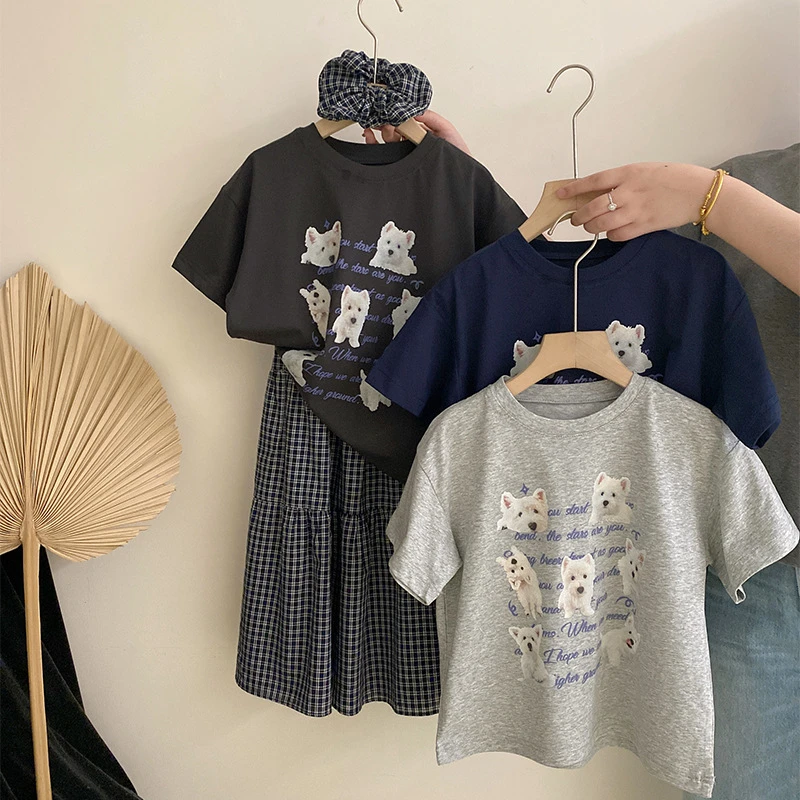 【安安家】女童印花字母小狗短袖T恤百搭格子半身裙两件套R25318