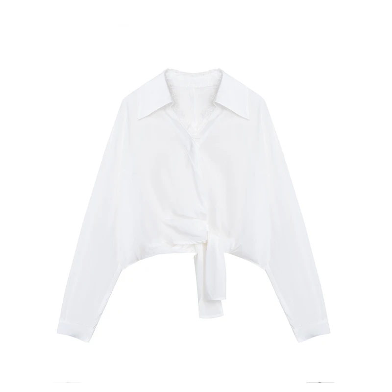 【芳芳私服】V领蕾丝边系带显瘦纯欲风时尚短款衬衫A2897JJ