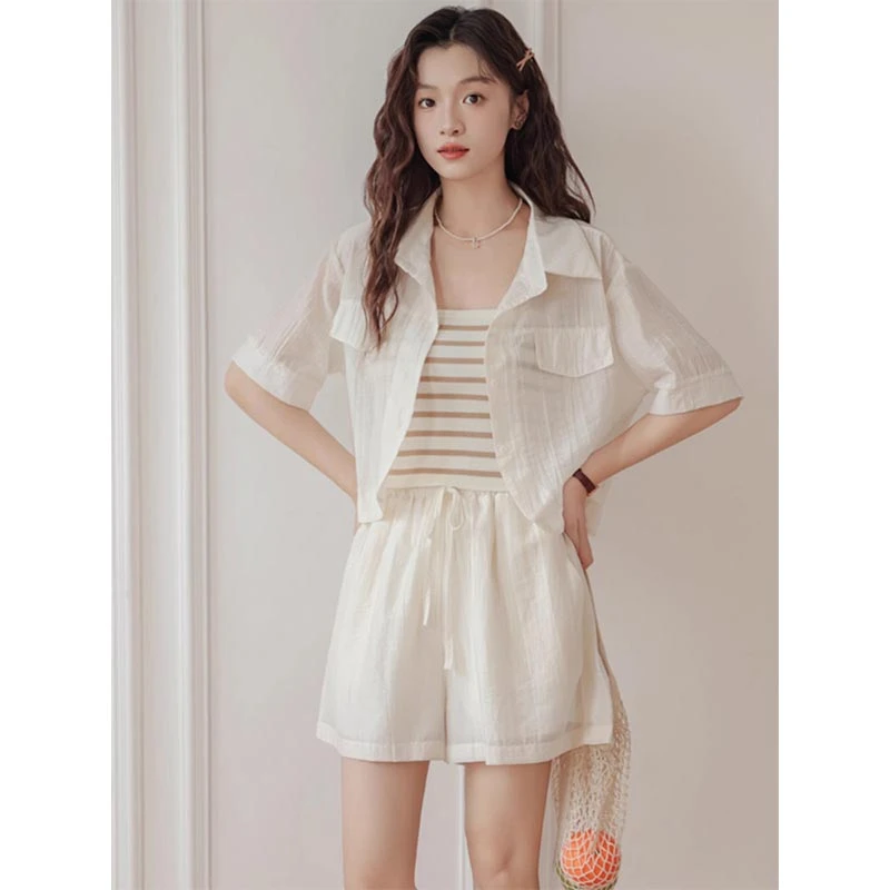 条纹打底吊带背心短袖衬衫上衣休闲短裤三件套女士夏季2025年新款