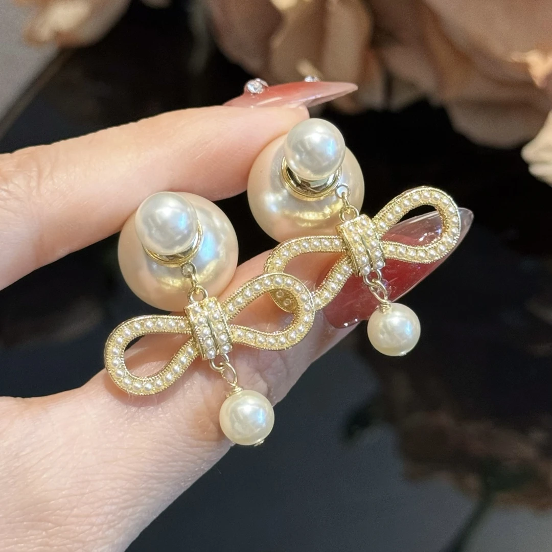 合金仿珍珠耳饰 杨杨babytime 网红同款！法式轻奢蝴蝶结珍珠耳钉