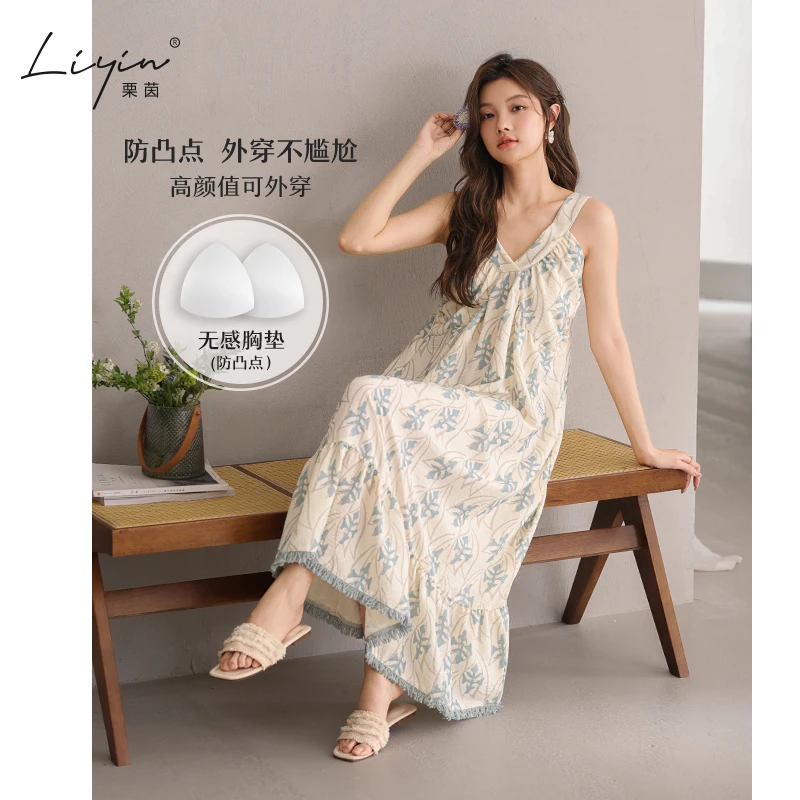 栗茵小众设计师新款泡泡绵女士睡衣夏季少女睡裙可外穿家居服