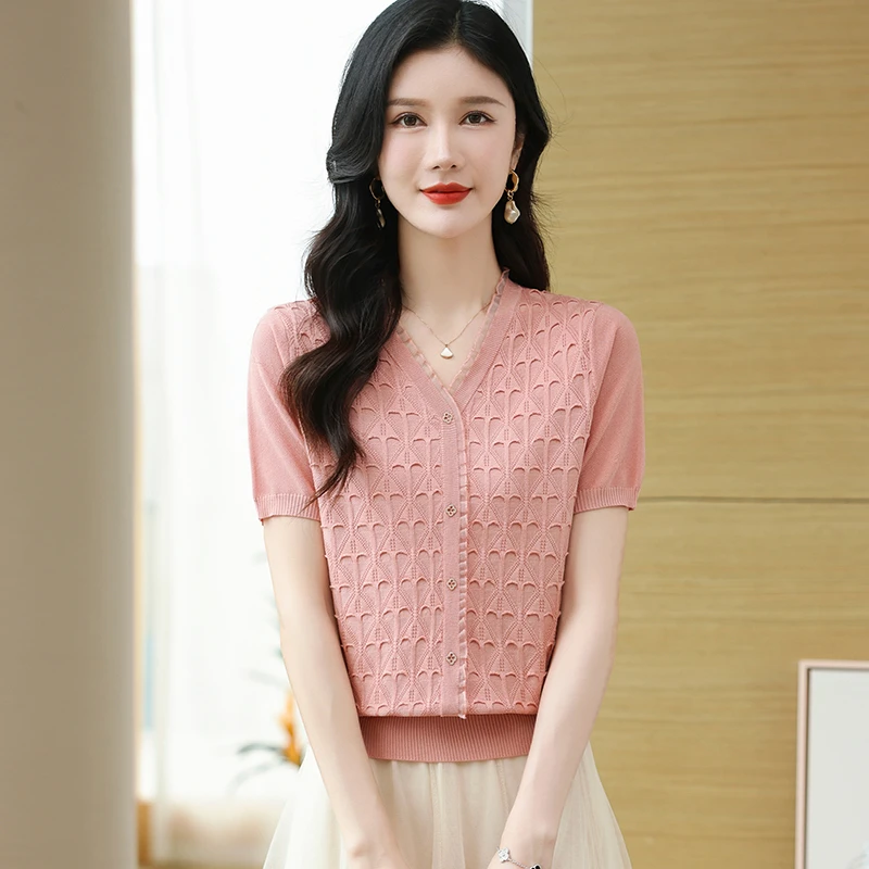 高级感小众V领木耳边气质短袖女宽松薄款夏季半袖T恤百搭洋气上衣