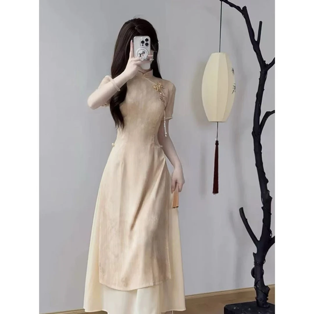 【C85经典】2025新款黄色奥黛旗袍裙女国风气质显瘦绝美连衣裙