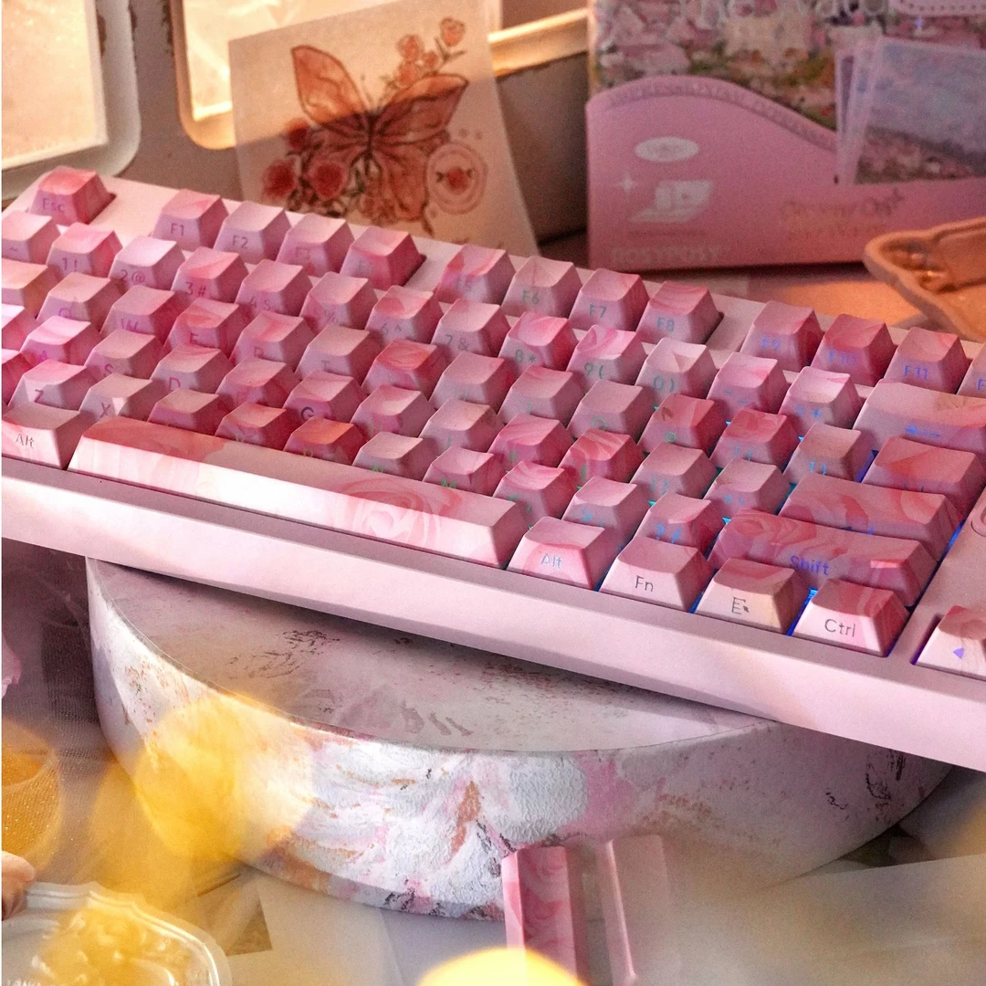 粉色玫瑰海岸风格双色主题侧透热升华原厂高度键盘帽适合不同键盘