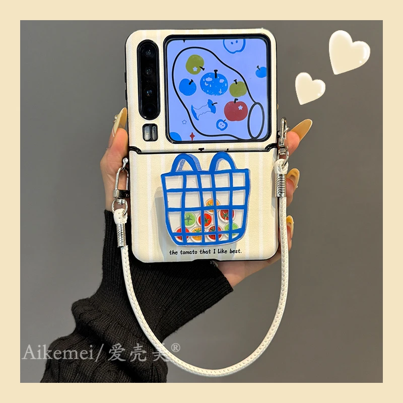 适用华为PuraX折叠屏手机壳pocket2条纹番茄novaFlip购物袋支架女