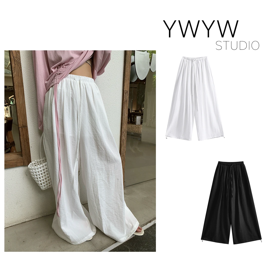 【YWYW25S/S】夏季宽松仿混麻棉调节扣阔腿直筒垂感弹力休闲裤5209
