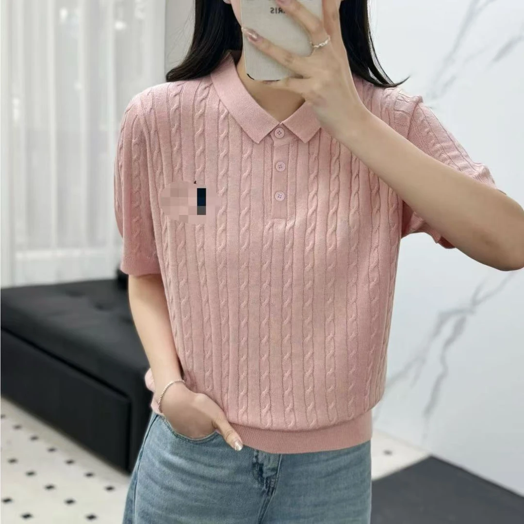 【花粉】夏季小翻领套头麻花纹减龄百搭针织衫