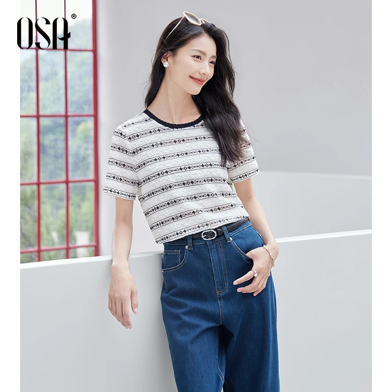OSA复古提花立体蕾丝T恤女夏季小众休闲通勤短袖上衣S125B11045