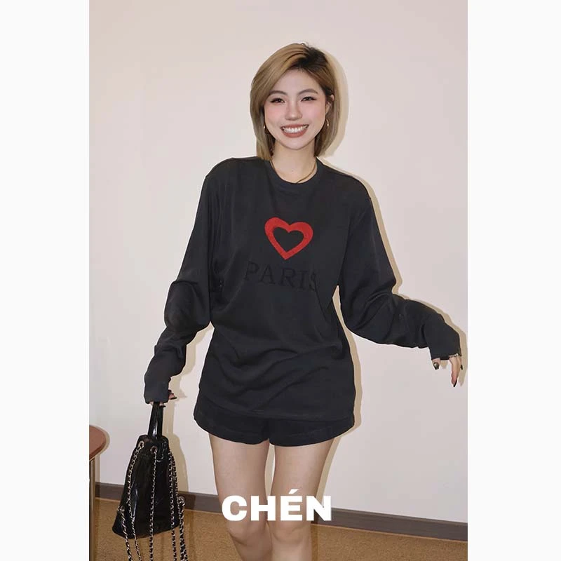 【巴厘岛】晨总自制美式休闲印花薄款度假风长袖圆领宽松T恤女