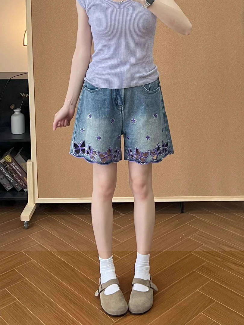 重工蝴蝶镂空刺绣微弹牛仔短裤女夏季新款大码百搭高腰显瘦五分裤