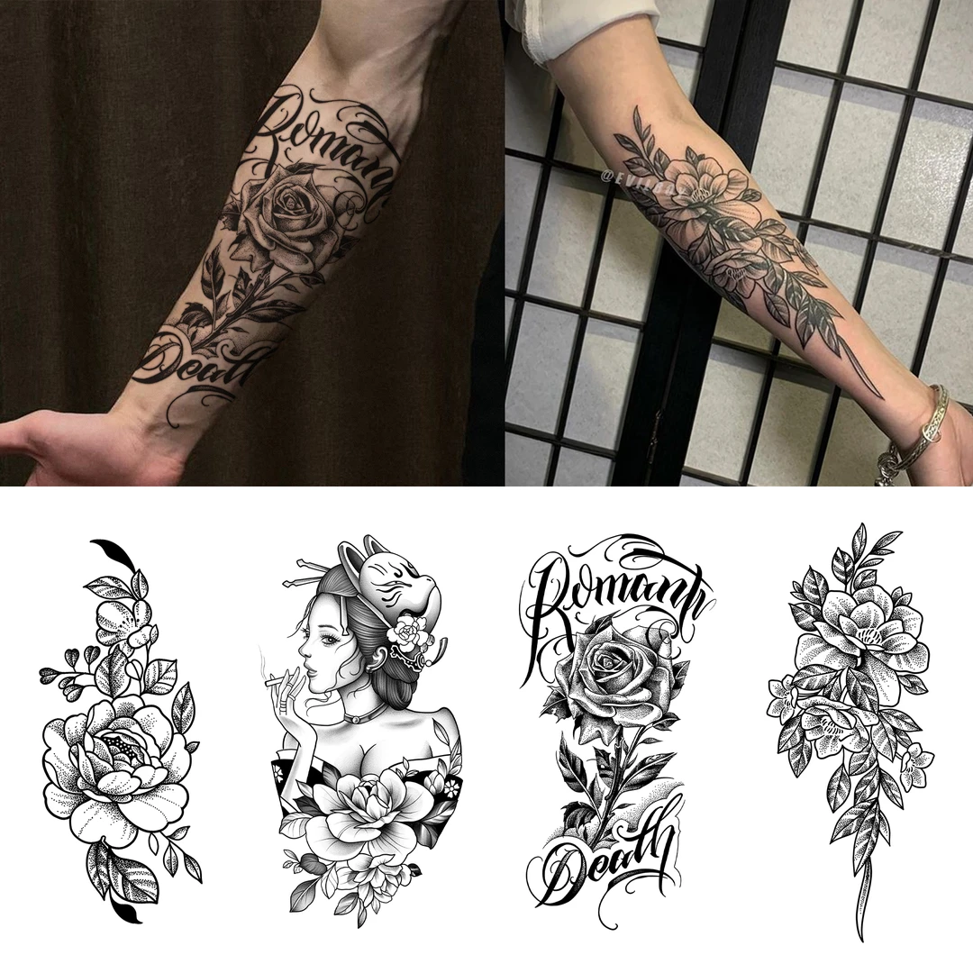 网红同款玫瑰花痞帅纹身贴男款手臂草本半永久花臂防水防搓不反光