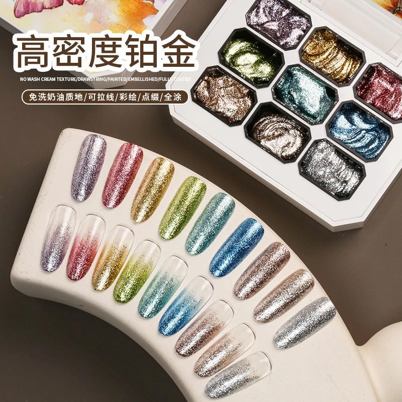 爆闪九宫格分装免洗仙粉膏碎钻固态铂金甲油胶美甲彩绘固态胶超闪