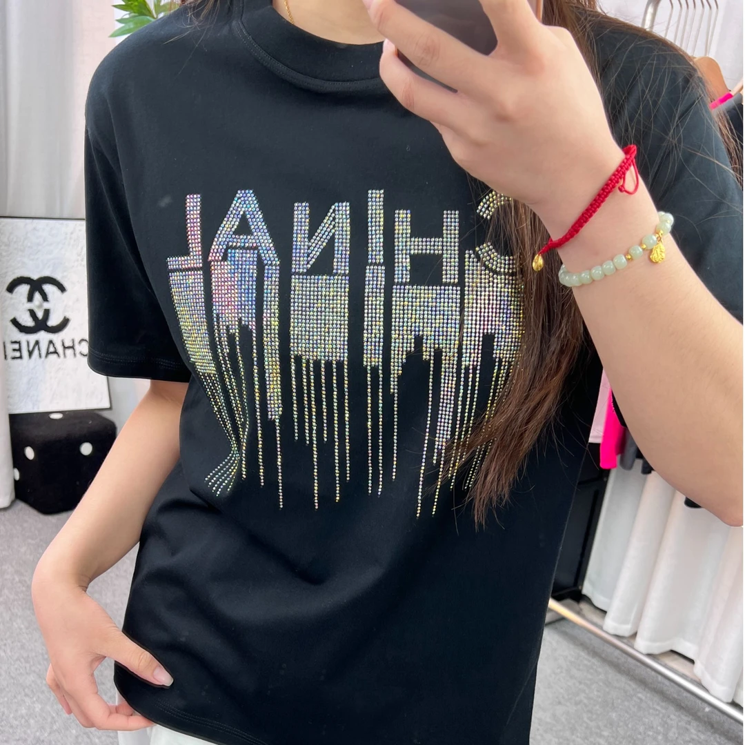 重工字母烫钻正肩短袖t恤女2025新款春夏季修身显瘦休闲百搭上衣