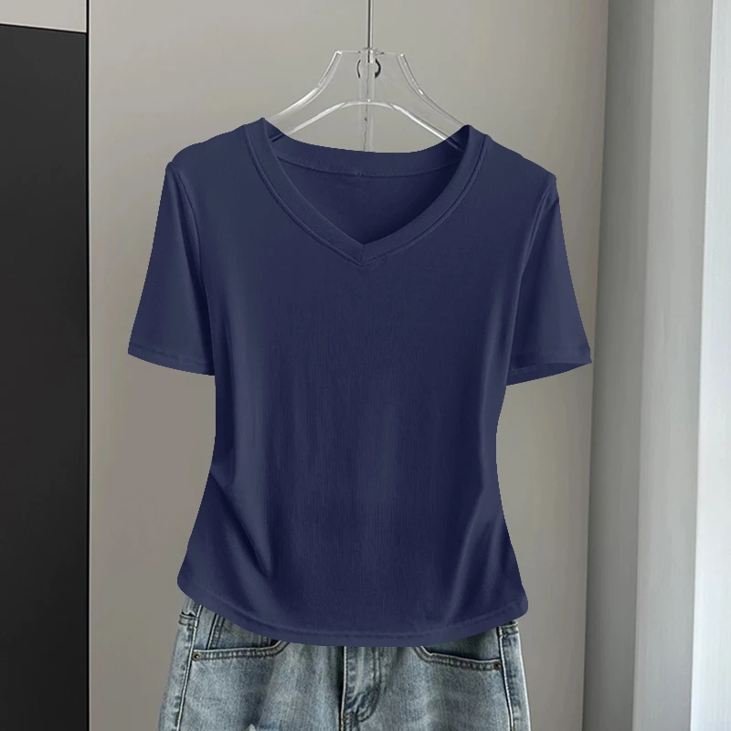 冰丝透气莫代尔短袖t恤女士夏季新款V领大码宽松显瘦体恤衫上衣服