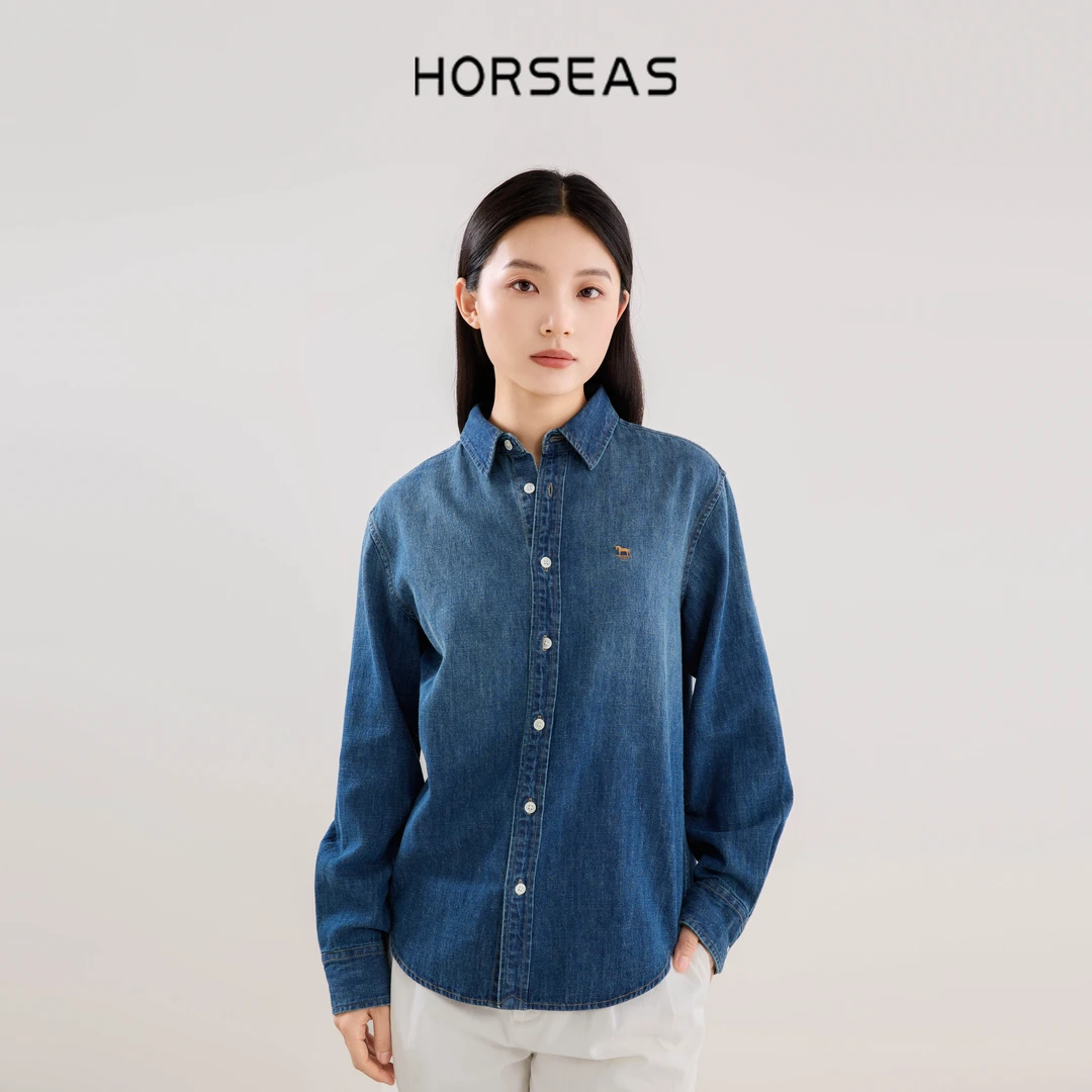 THE HORSEAS/海边的马汉麻棉混纺面料 小马刺绣牛仔女士休闲衬衫