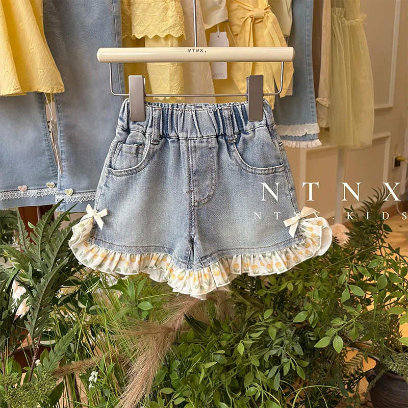 【现货】女童夏季新款“菠萝冰”花边蝴蝶结儿童牛仔短裤X2502071-1