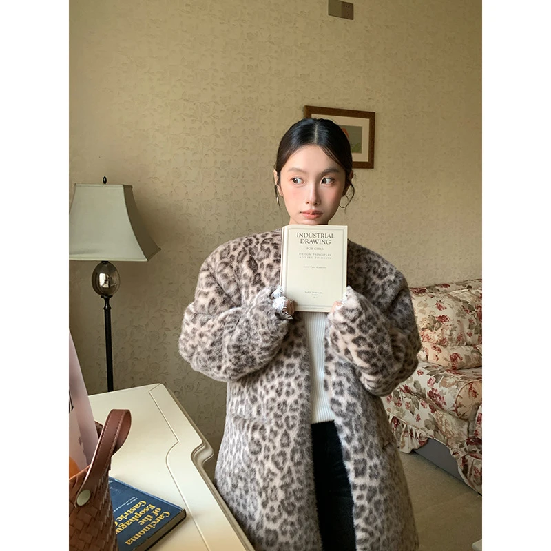 2024冬季名媛豹纹毛茸茸毛毛外套女F2221
