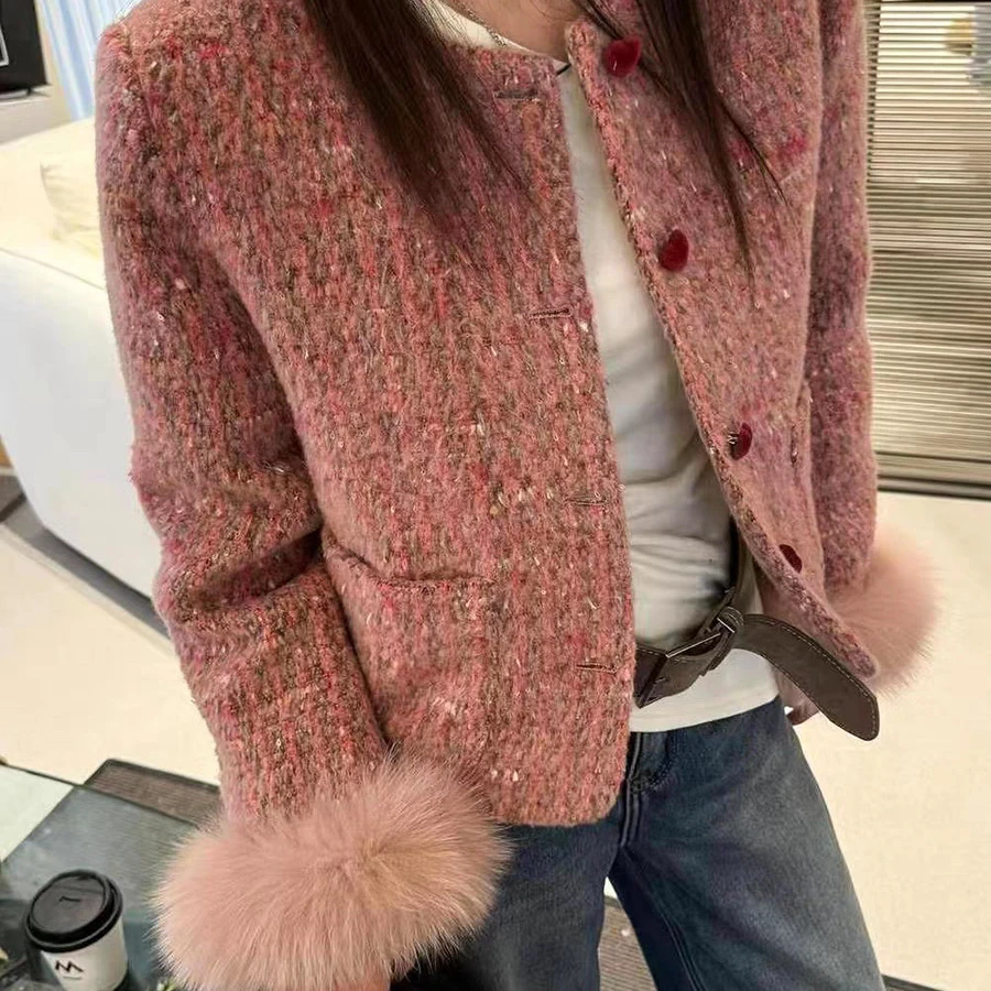 粉色毛袖小香风粉色毛呢短款外套2025年秋冬新款春秋女装