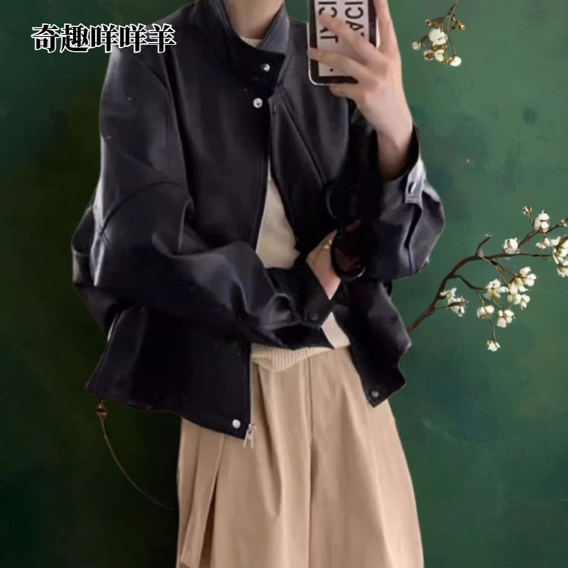 新款美式机车皮衣女短款宽松休闲百搭皮夹克春秋季时尚潮流必备W2