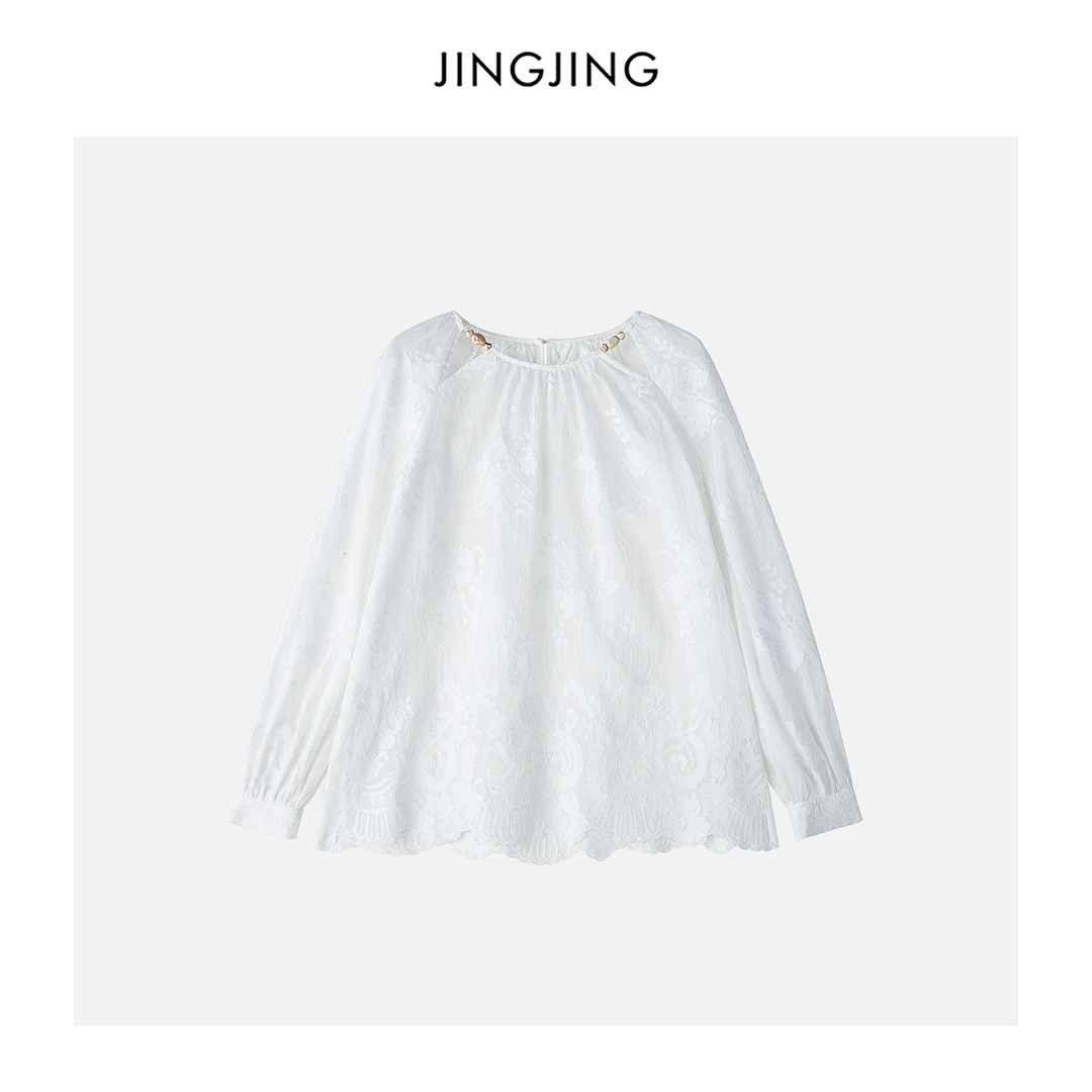 JINGJING2025新款"婉落白"棉麻蕾丝圆领装饰设计感气质高级感衬衫