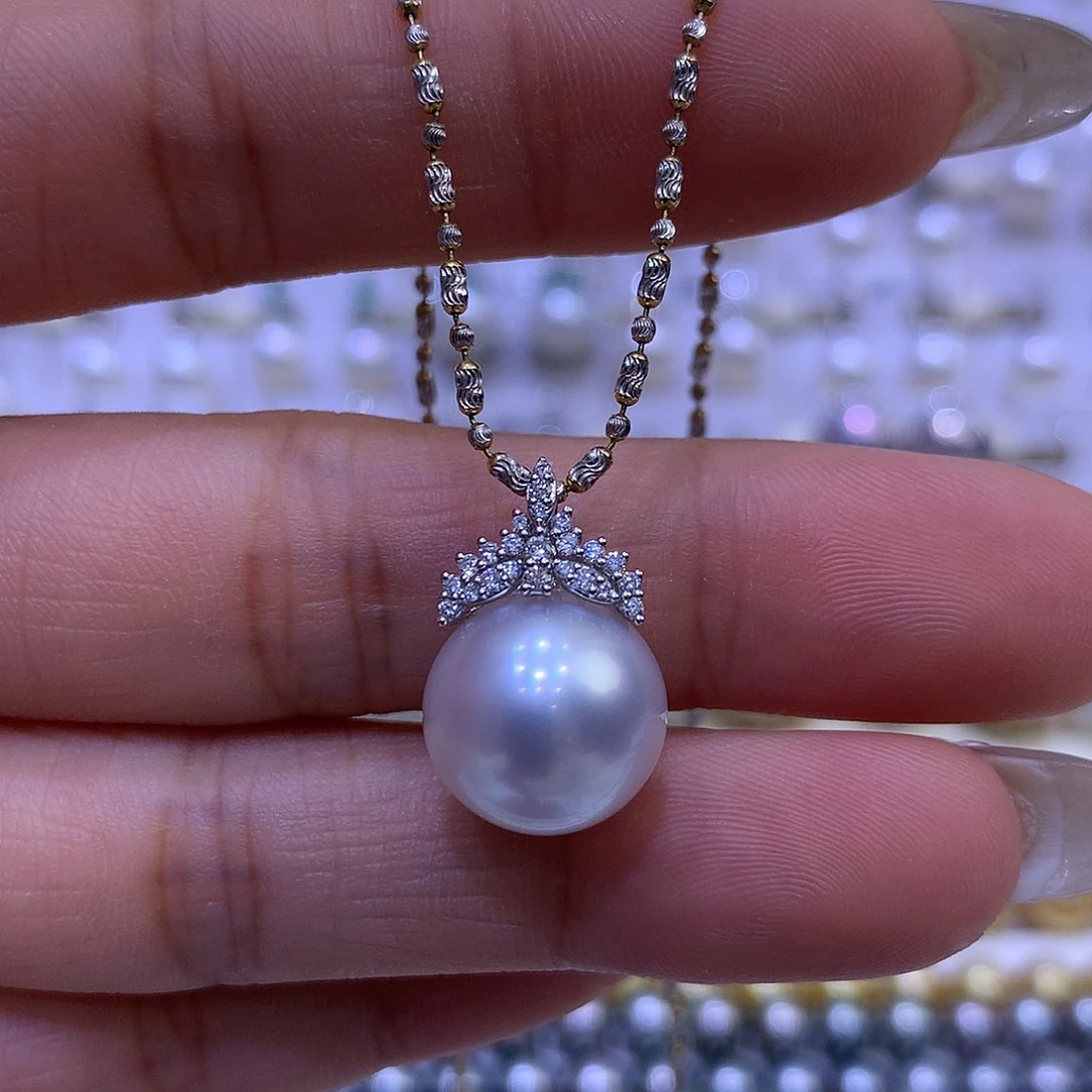 海水珍珠吊坠(不含链)18K金镶嵌13/14mm澳白