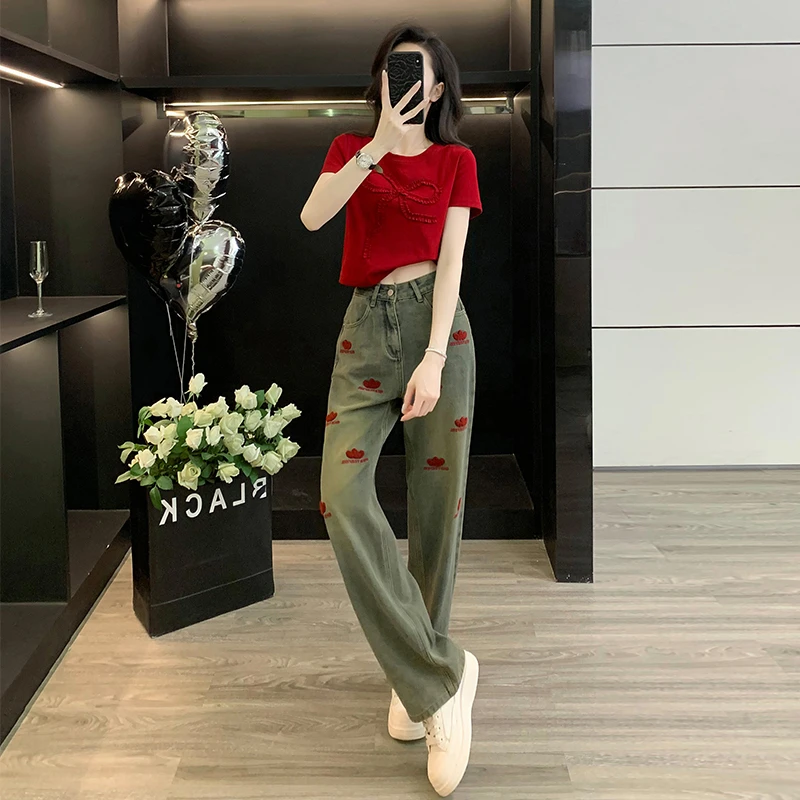 网红炸街时尚套装女夏洋气红色短款短袖T恤阔腿宽松牛仔裤两件套
