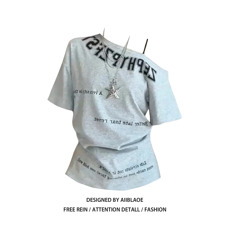 大码美式辣妹字母印花斜肩短袖T恤女夏季设计感掐腰显瘦露肩上衣