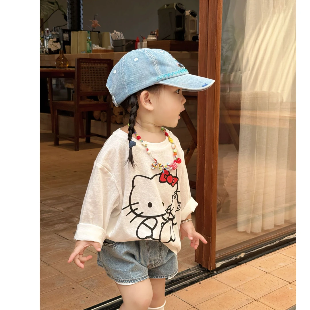 壹妈童装女童夏套装2025新款洋气时髦女宝kt猫长袖防晒衣牛仔短裤