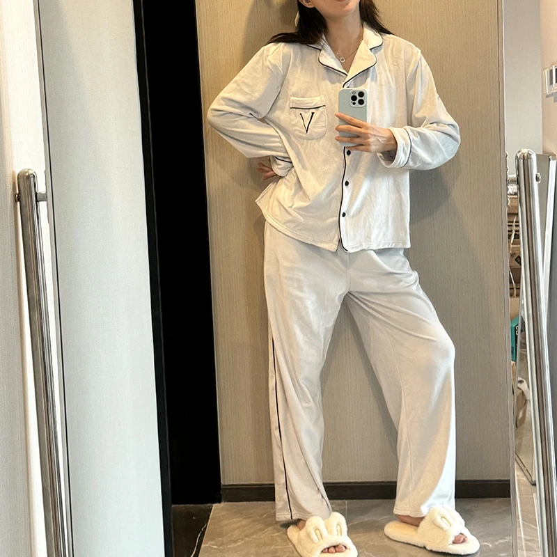 V家海岛绒柔软舒适居家睡女套装2024新款春秋款家居服长袖长裤