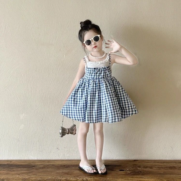 女童假两件格子裙吊带裙2025夏季新款小女孩洋气韩版花边连衣裙子