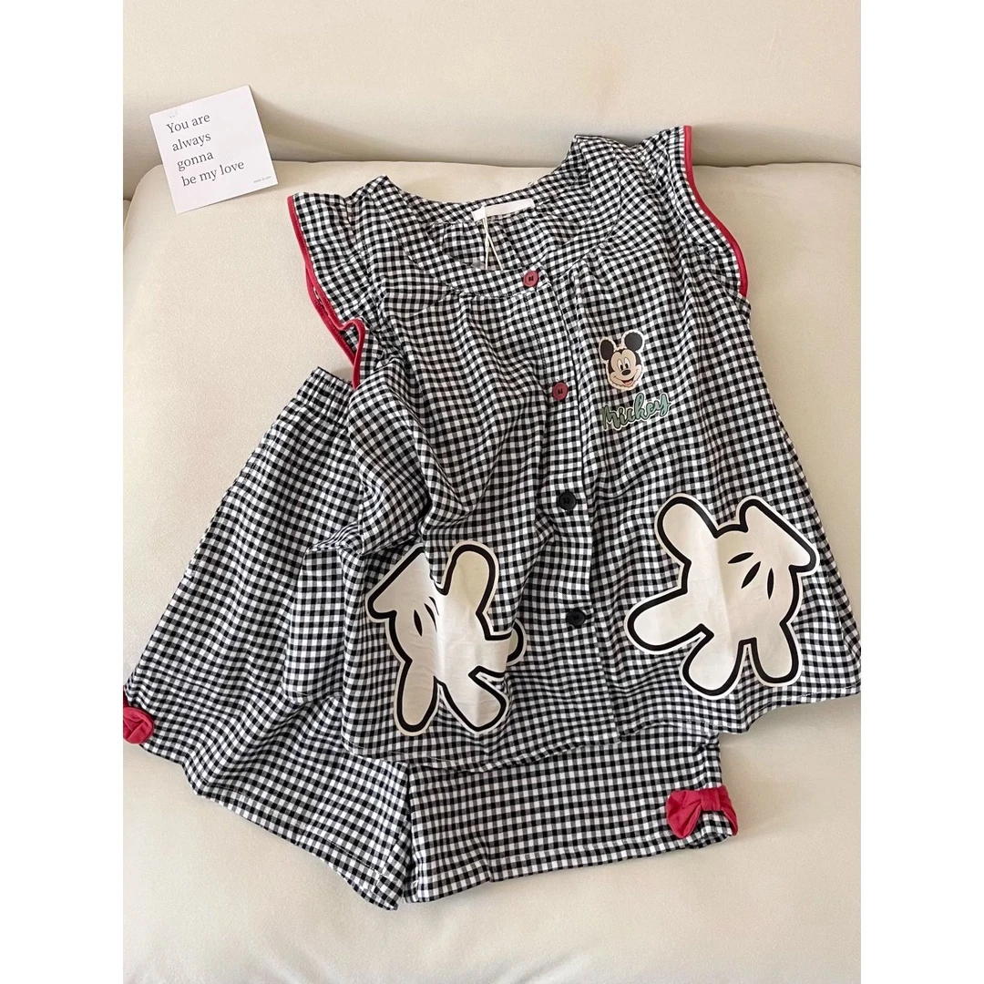 韩系可爱米奇格纹小飞袖可外穿睡衣女夏季新款休闲短裤家居服套装