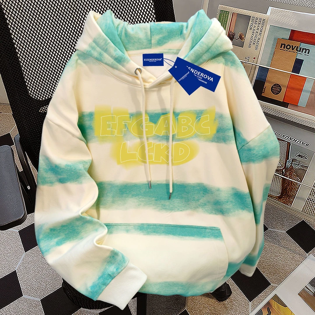 韩版休闲扎染横条连帽卫衣女秋冬季加绒加厚个性休闲宽松显瘦上衣