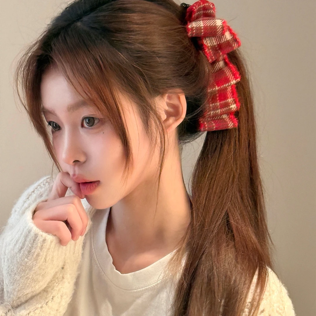 新年“红”运~红色格纹毛呢蝴蝶结香蕉夹女马尾夹竖夹发饰头饰