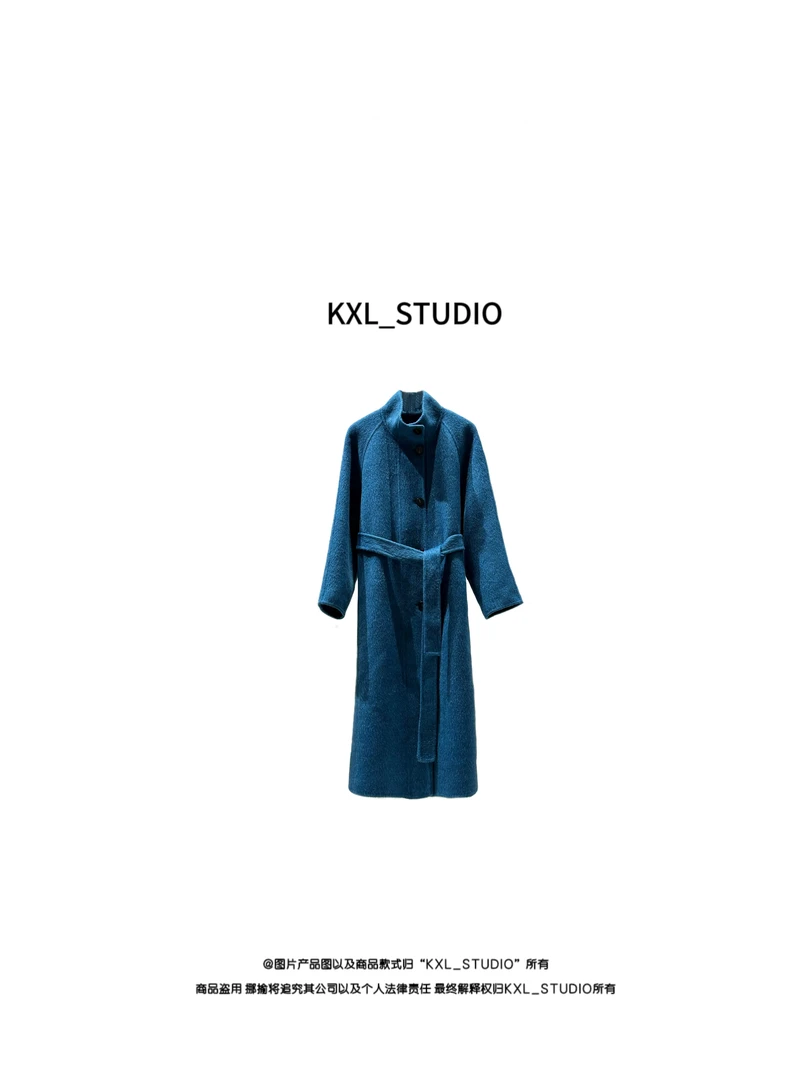 KXL-STUDIO【卡什米尔】蓝色立领双面绒大衣9383