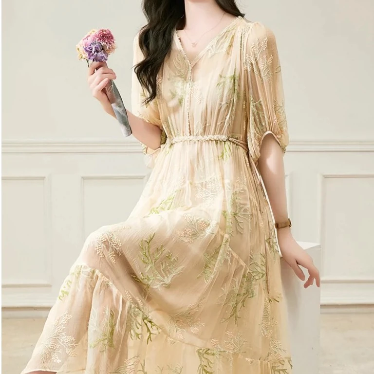 判姐【竹兰】新款100桑蚕丝重工刺绣显瘦真丝连衣裙