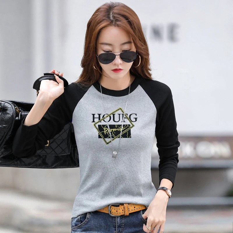 早秋出游服装女显瘦螺纹插肩长袖2025内搭打底衫洋气t恤圆领上衣