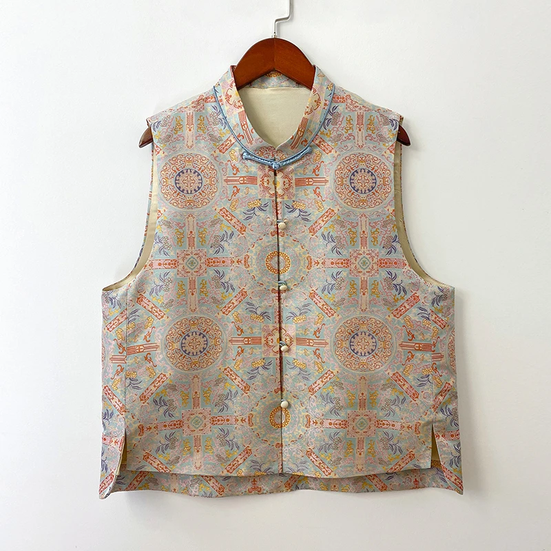 张和才八达运马甲新中式国风立领对襟气质百搭桑蚕丝女士蜀锦马甲