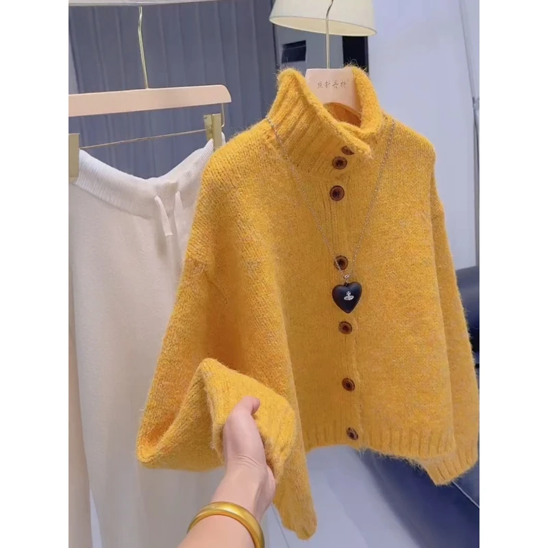 韩系休闲单排扣针织开衫女秋冬新款大码胖MM保暖百搭气质毛衣外套
