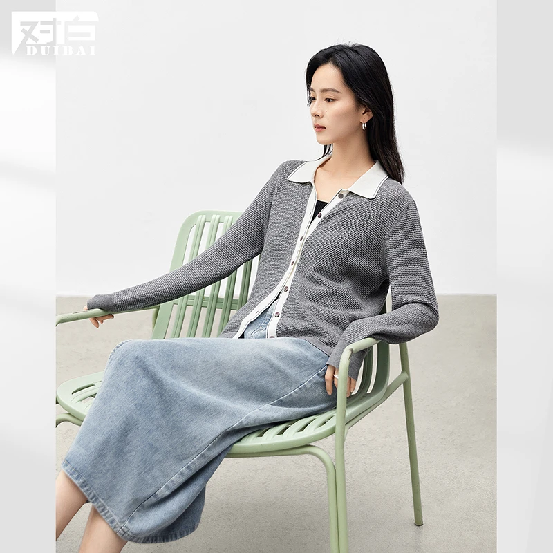 【李不了】D01对白法式镂空撞色翻领毛衣开衫女显瘦针织外套FDE001