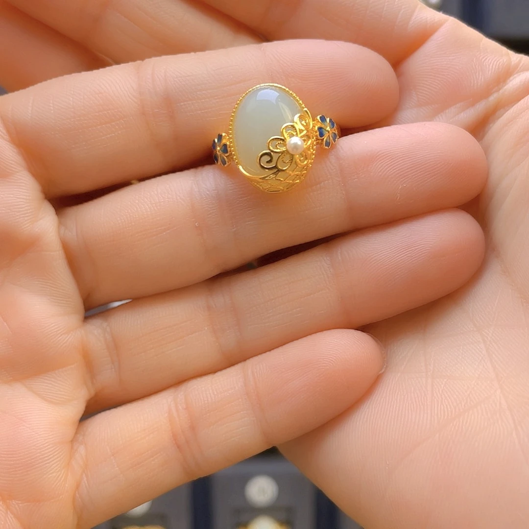 和田玉戒指银S925镀金镶嵌