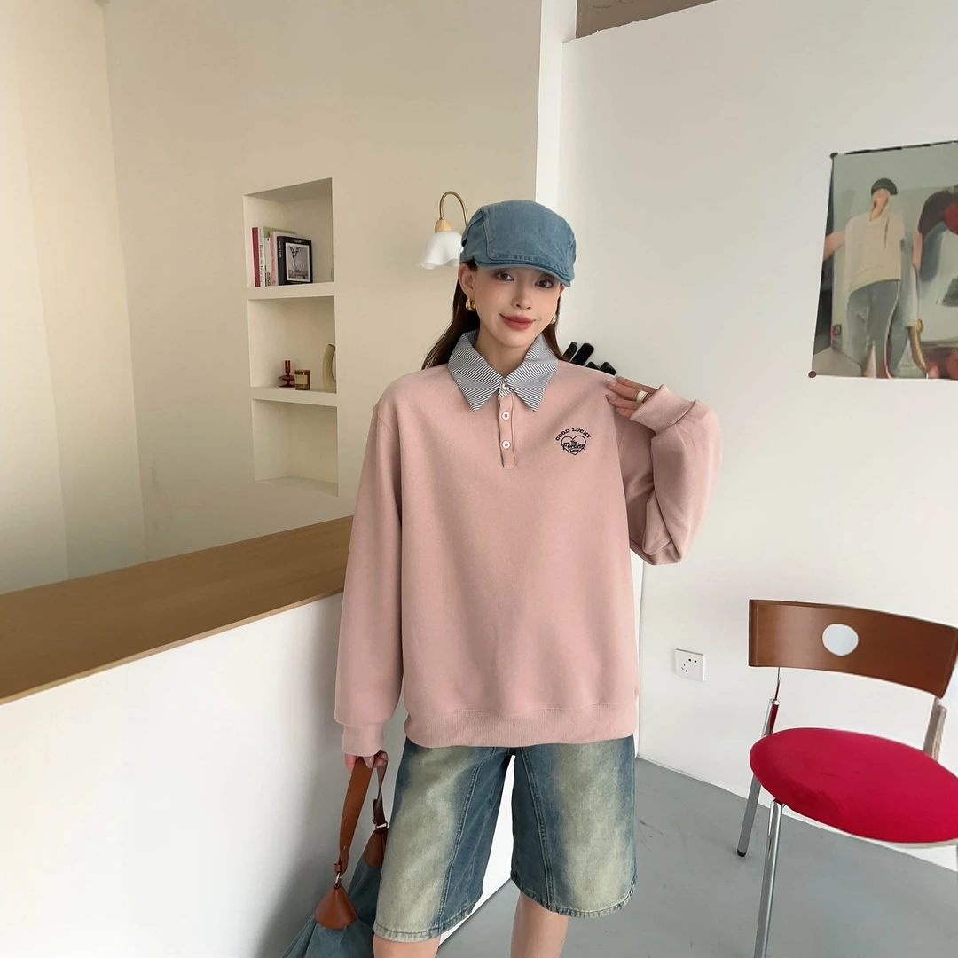 【茶芙巷】Q2505休闲风宽松韩版POLO领套头卫衣【YLL】