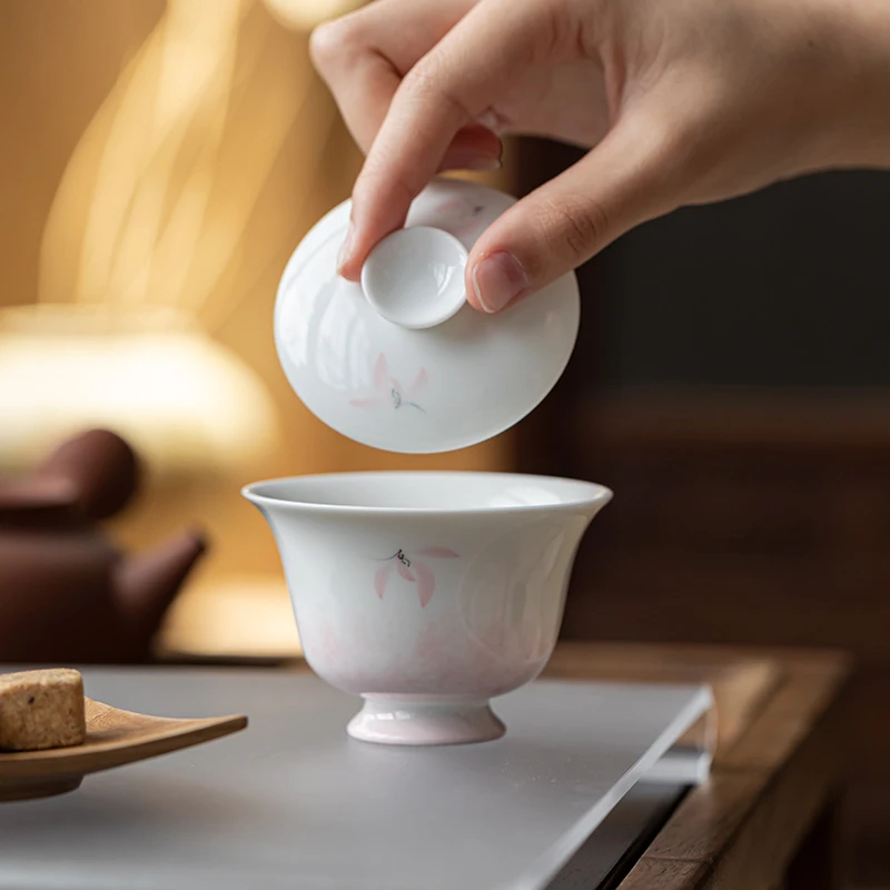 白瓷高足二才盖碗高颜值陶瓷手绘兰花泡茶碗不烫手功夫茶具