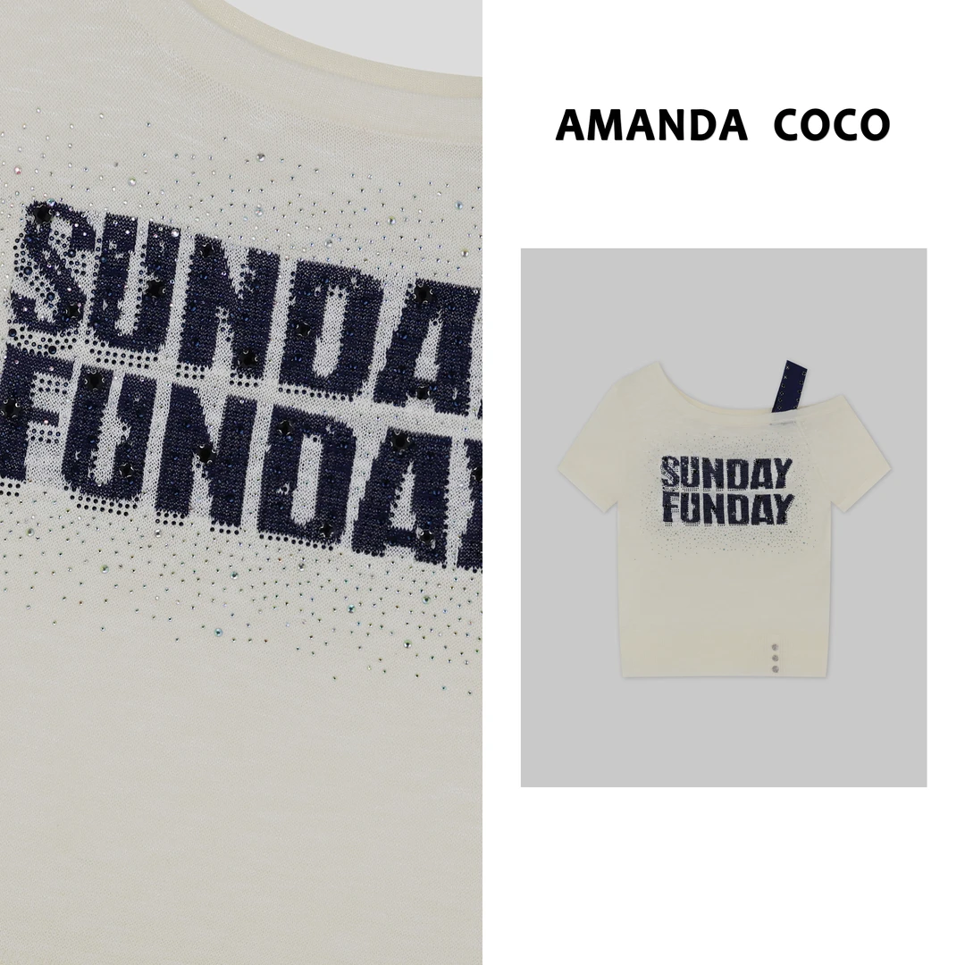 夏季薄款烫钻字母刺绣时髦露肩短袖针织衫V30136