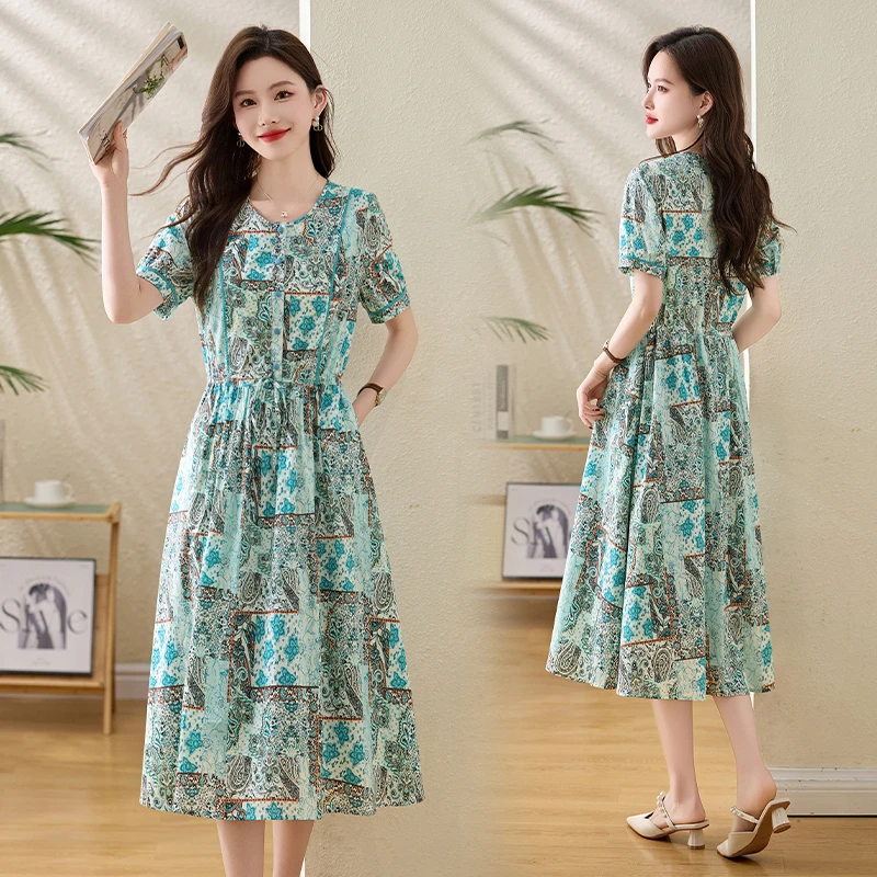 法式碎花连衣裙女2025夏季新款收腰过膝减龄气质中长款裙子